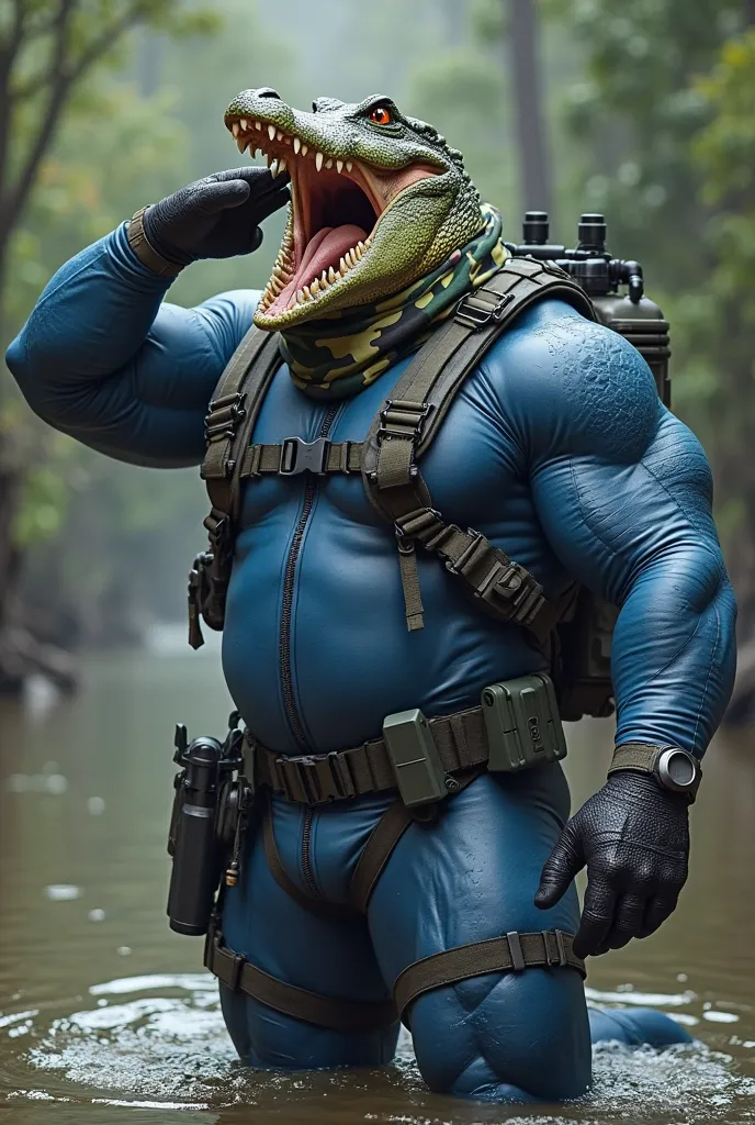 (A rugged beefy extremely muscular bulky snarling  crocodile man), (wearing blue fully-zipped fullbody wetsuit), salute pose, wearing bulky harness, wearing bulky scuba gear, wearing army camouflage hero scarf, muscular physique, toned muscles, fierce, her...