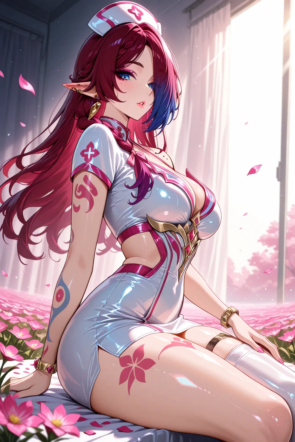 1girl, solo, mature woman, milf, ch4sca, (multicolored hair, (red hair:0.8, dark purple hair:0.1)), blue eyes, pointy ears, hair over one eye, long hair, braid, side braid, mole on shoulder, medium breasts, voloptuous, thick thighs, wide hips, alternate co...