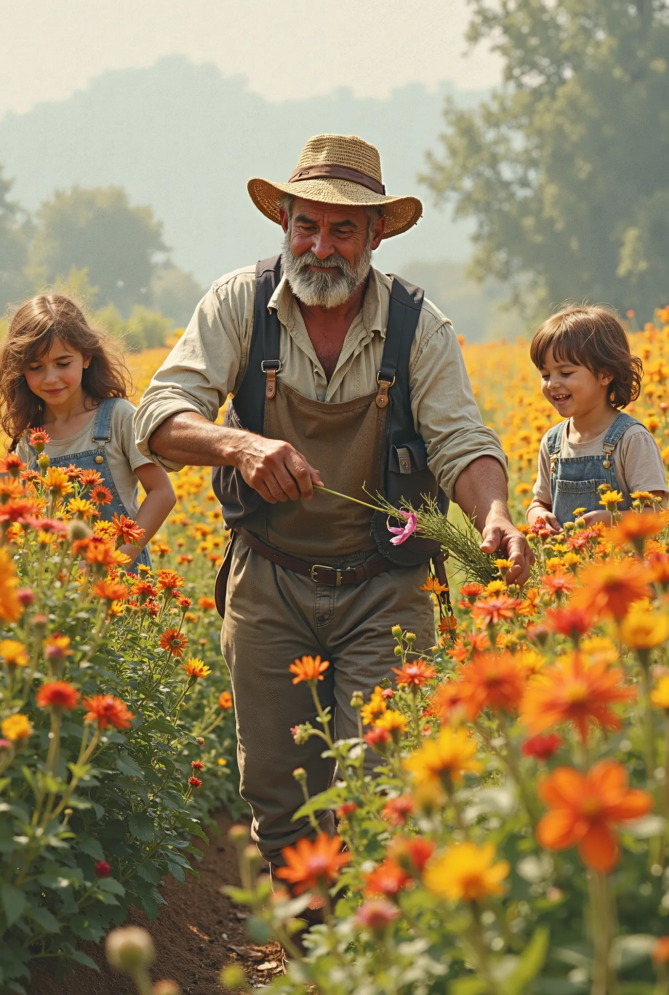  , a farmer in a field of beautiful flowers while picking flowers carefully. The ren are happily playing and picking flowers next to him