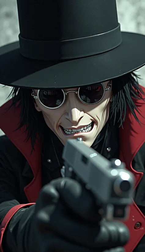 Alucard character from the anime Helsing, with a crazy smile, his hat, his round sunglasses and his silver pistol