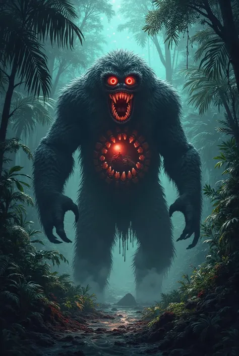 Mapinguari in the middle of the jungle at night with red eyes and a big mouth full of teeth in the belly