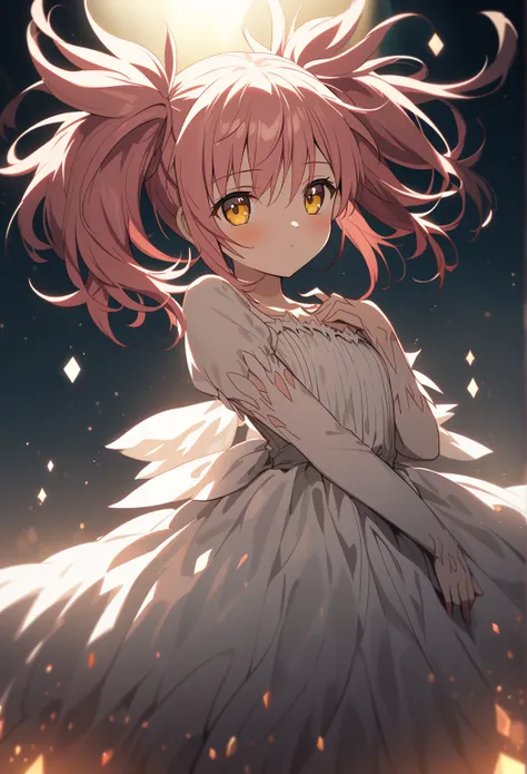 One girl, Mahou Shoujo Madoka Magica, Madoka, Ultimate Madoka, Goddess Madoka, rose_hair, ong_hair_with_short_twintails, (Very fine grain:1.37), yellow eyes, (Diamond shaped iris:1.5), ,