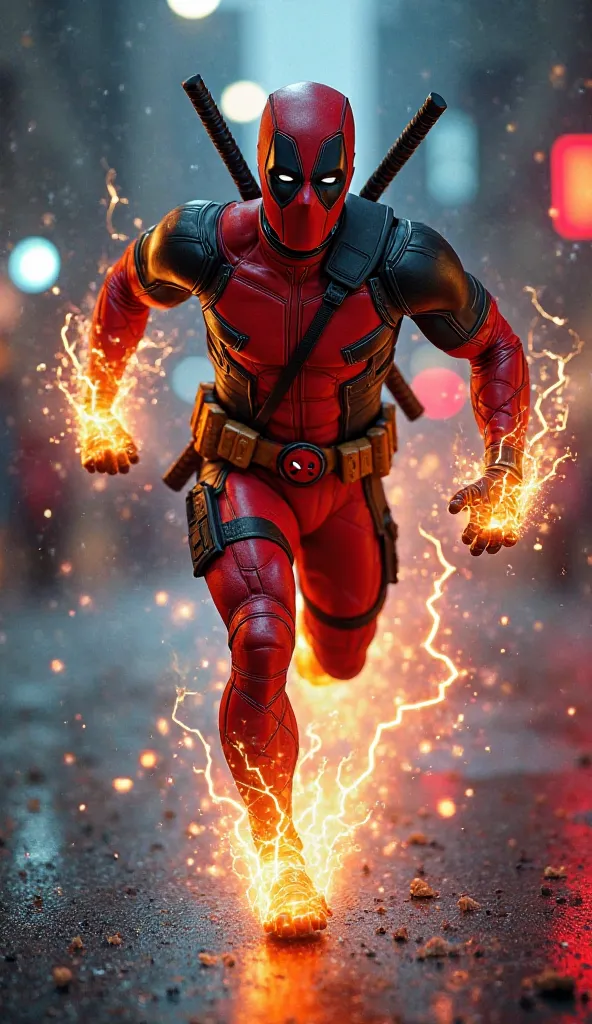 I want a fusion of Deadpool and Flash, blending the clothes of the two characters and their personalities with their full body running down a street at night.