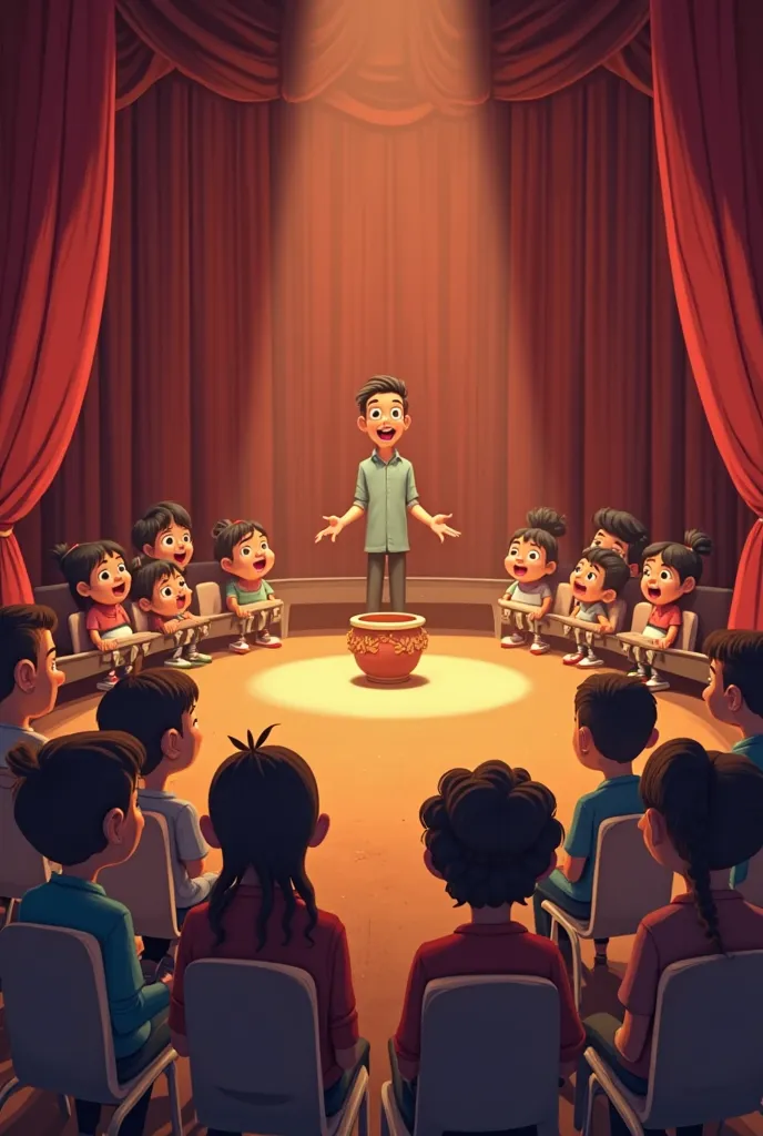 Animated image for story board from Scene 1: Introducción al Teatro
📍 El aula está llena de niños sentados en círculo. in the center, el Professor Martín coloca un baúl misterioso.
🎬  illustration: The teacher smiles, the ren look at it with curiosity.
🗣 P...