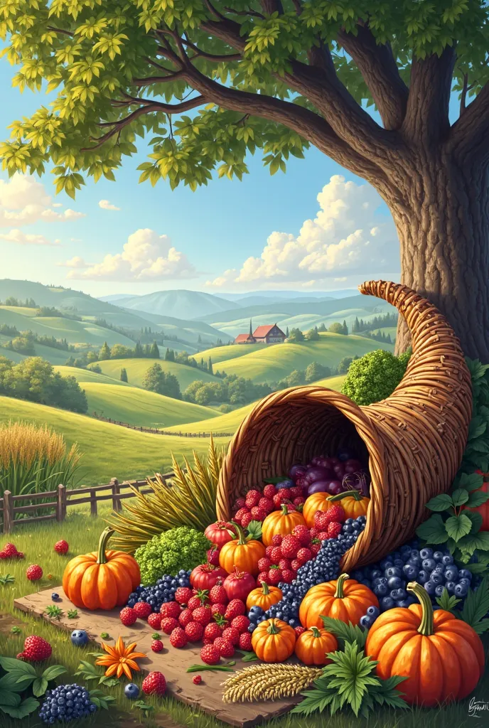 Image of the Horn of Plenty under a tree on a farm
 with lots of agricultural products