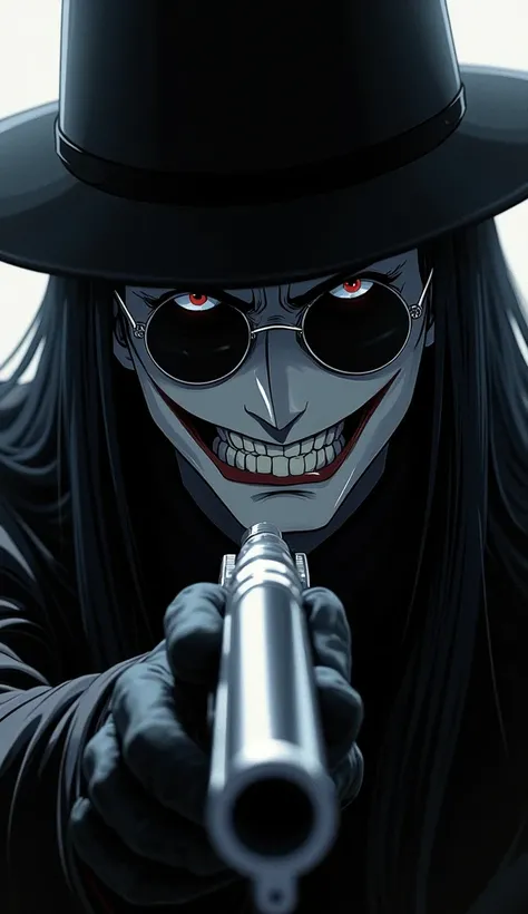 Alucard character from the anime Helsing, with a crazy smile, his hat, his round sunglasses and his silver pistol