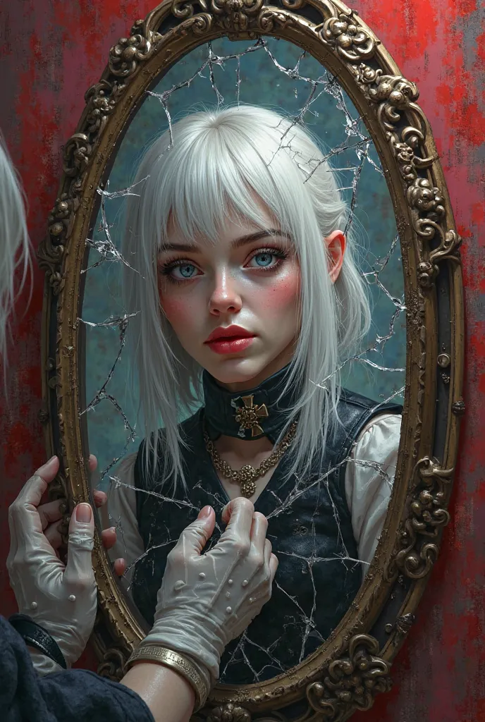  The image is a digital work depicting a woman with white and silver hair, dressed in a steampunk outfit, reflected in a broken mirror.  Her expression is serious , and the fragmented mirror distorts her image, creating more vibrant and surreal versions of...