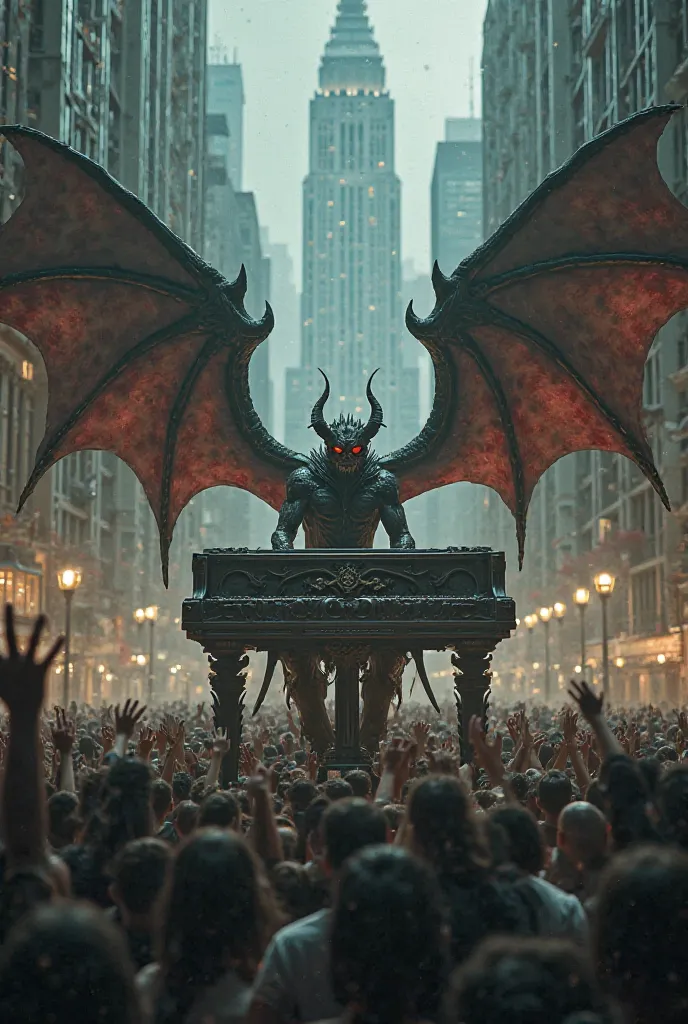 An image of a demon with horns and wings playing a piano in a tall tower of a New York building surrounded by humans looking at it from below