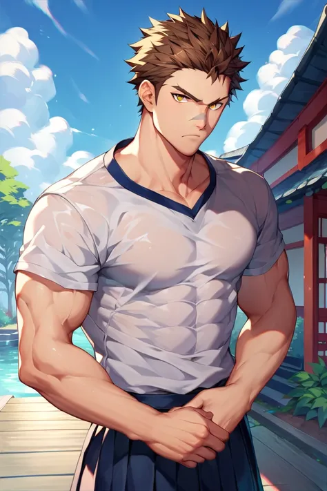 sole young man, modern school uniform, muscular, wide shoulders, serious, frowning, brown hair, yellow eyes, doudanuki masakuni, messy hair, traditional japanese house background, diagonal scar across nose