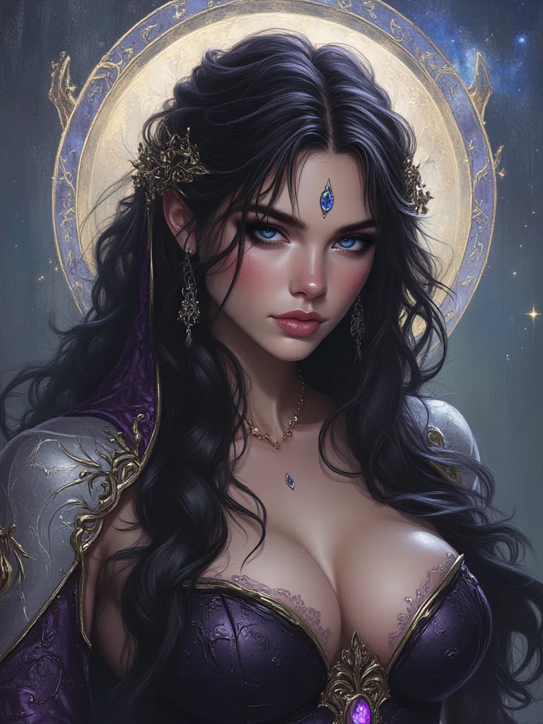 oil painting hyperrealistic fantasy, beautiful 25-year-old Russian woman with Russian features, long and wavy jet black hair, sapphire blue eyes, shiny reddish lip gloss, white skin de porcelana como muñeca,  pink cheeks, Black dress with purple and gold d...