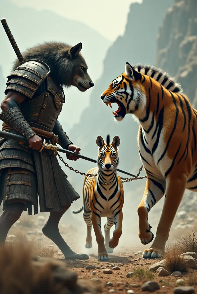 A samurai wolf and a warrior tiger dominate a warrior zebra that is kept on a leash