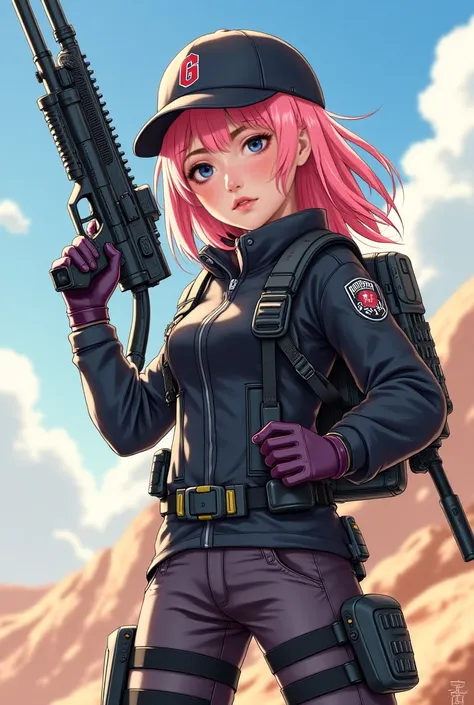 Adventurous girl holding a pistol and a machine gun with a basuga carried in the middle of her back. Anime-style image