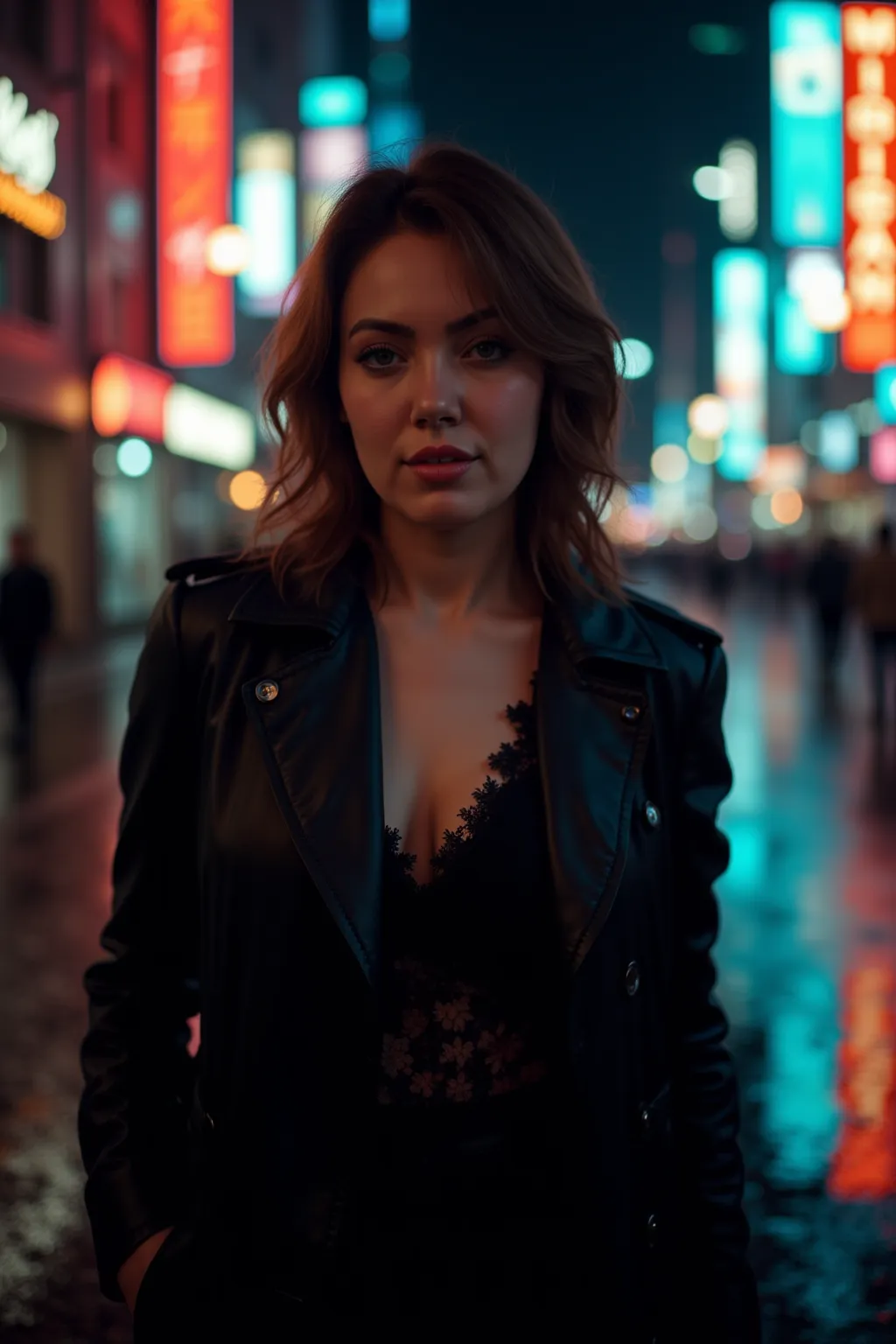 young woman in a black leather trench coat over a lace bodysuit, posing in a rain-soaked city street at night. Neon signs reflect off the wet pavement. Camera angle: close-up, focusing on her smoldering gaze and the texture of her outfit. Mood: cinematic a...