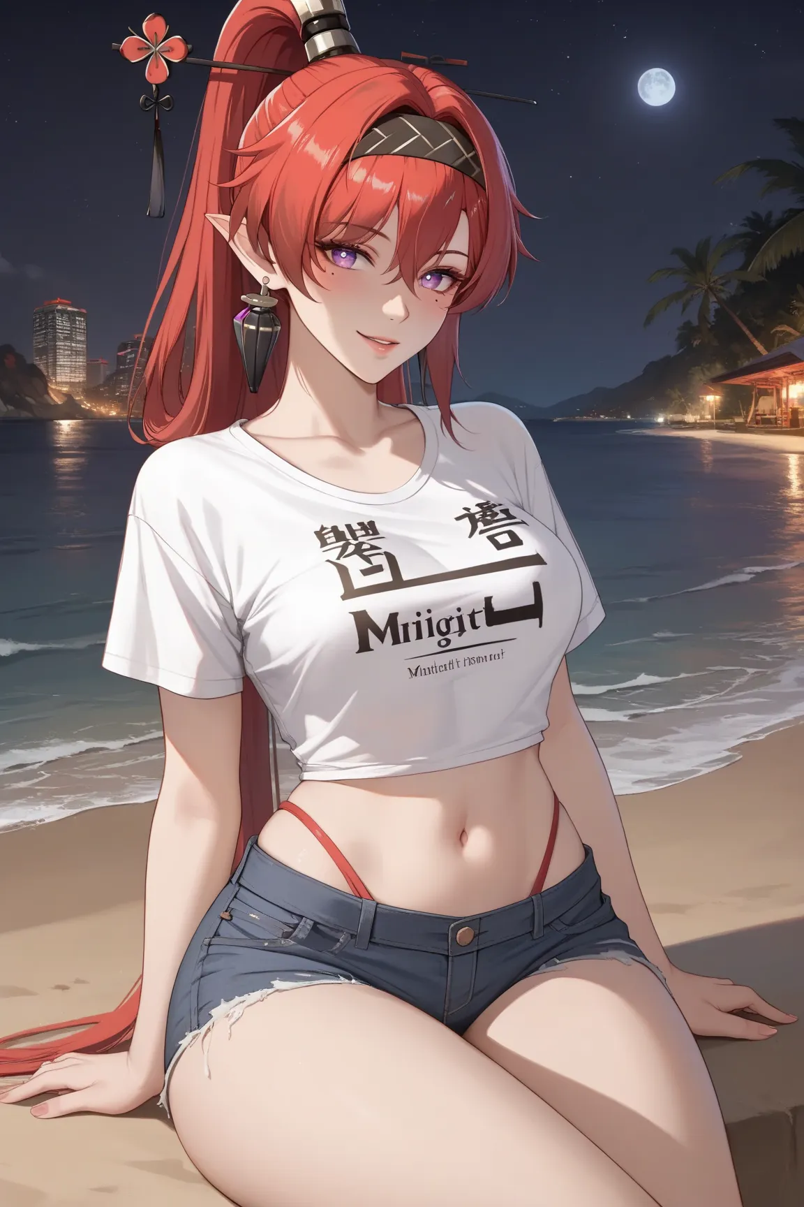 (((cowboy shot, cinematic lighting, midnight, night, dark))), ((Yinlin, red hair, mole under eye, purple eyes, hair stick, hair ornament)), (t-shirt, navel, short jeans, beach), 1girl, medium breasts, huge butt, thick thighs, sensual woman, mature female, ...