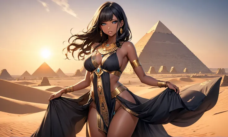  Black Long Hair Black Skin Women， big boobs，gold necklace ，Egypt服裝， Bare Waist ， Bare Legs ，Egypt，desert，pyramid，Make-up