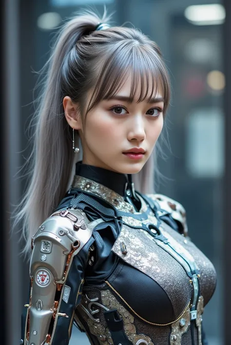 Android girl, Highest quality, masterpiece, ultra-high resolution, photo realistic, raw photo, 1 cyberpunk girl, cowboy shot, glossy skin, 1 mechanical girl, super realistic details, (mechanical limbs, tubes connected to mechanical parts, mechanical verteb...