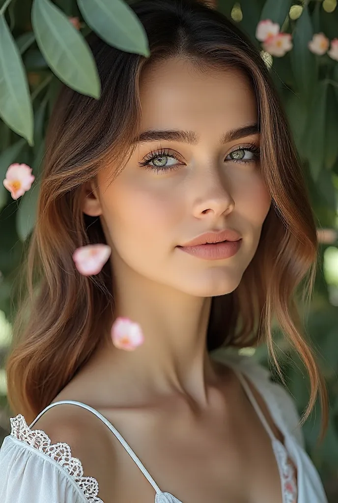 
Sharp image, 4K, close up portrait of a young woman, 23 year old woman, brown hair, light brown eyes, looking in profile, pretty smile, small lips, American nationality, seductive look, looking at viewer, summer, white dresses, leaves, flowers, summer out...