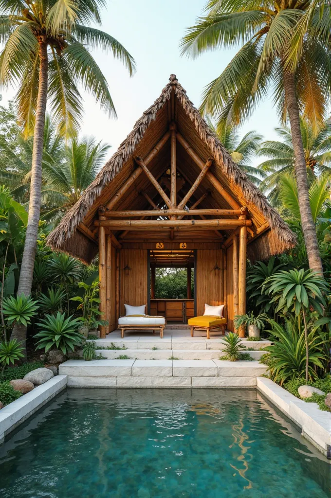 Bali style bamboo hut with swimming pool, white stone 