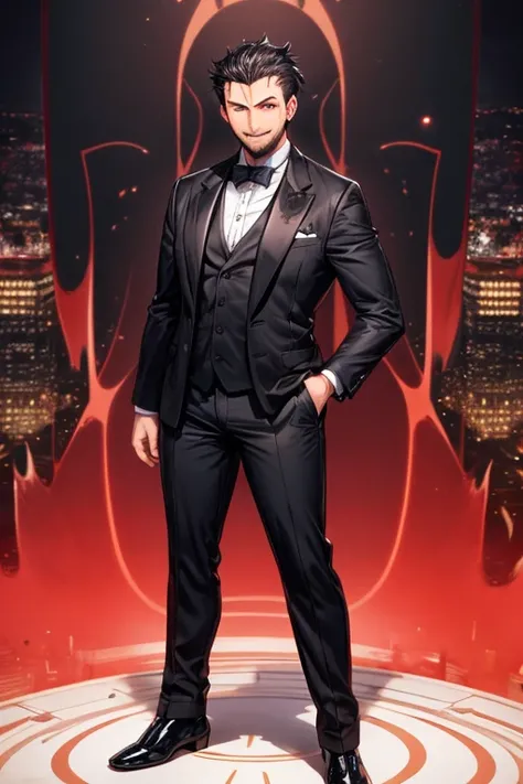 ((best quality)), ((masterpiece)), (detailed), 1 man, 35 years old, gelled hair, adult, red eyes, evil smile, somewhat burly, black hair, short hair, tall, suit, tuxedo, hands pointing to his eyes, hypnosis, black shoes, people with red eyes behind him, ci...