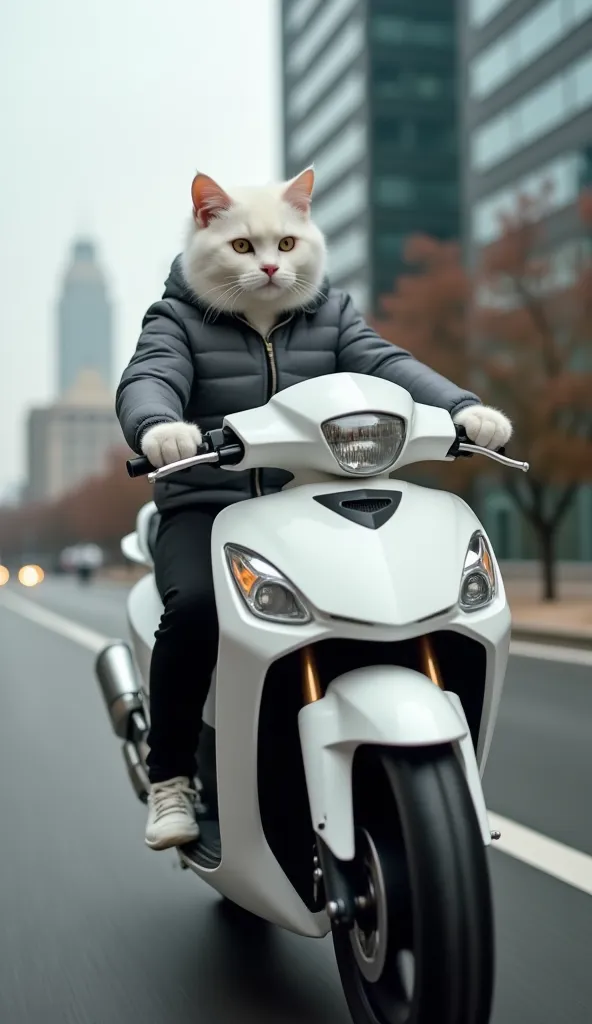 The image shows a white cat riding a white motorcycle on a city street. The cat is wearing a grey jacket and black pants, and is sitting on the handlebars of the motorcycle. The motorcycle has a sleek design with a pointed front and a low-slung seat. The b...