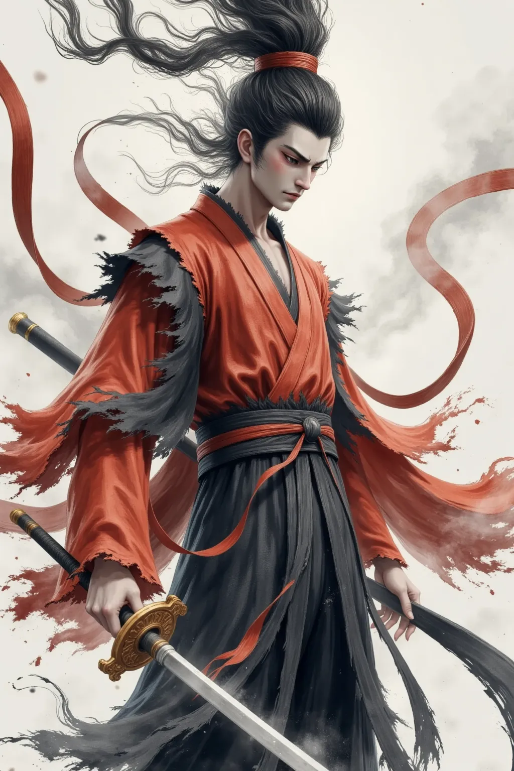 high quality, super realistic,4K,8k,master works,Extreme Details,Realism,Professional Photography,Chinese martial arts，Holding a long sword，Chinese Ink Painting,huge flowing flowing long hair, Handsome Male ,Broken Robe,Dynamic action ,Mysterious Smoke,Red...