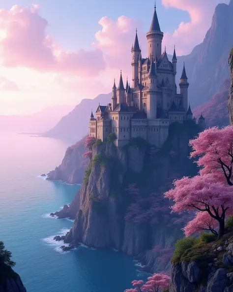 A majestic medieval castle perched on a towering cliff, overlooking a deep blue ocean. The castle is surrounded by blooming cherry blossom trees, and the sky is painted with soft pastel hues of twilight.