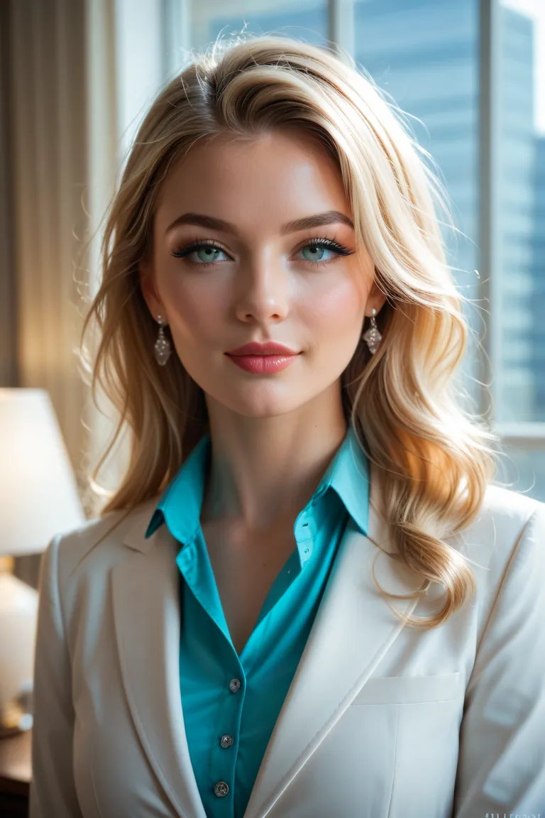 "Ultra-realistic portrait of a stunning 34-year-old blonde businesswoman with light makeup, clear eyes (blue or green), and an elegant yet sensual executive outfit. She has soft, glowing skin, well-proportioned facial features, and a confident, alluring ex...