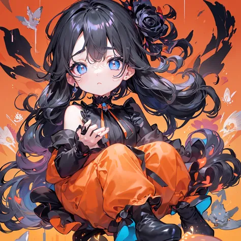 beauty、orange neon color background、 black clothes 、 pretty face、baby face、((( detailed eyes 、 droopy eyes )))、  long sleeve with flared cuffs  、 Shoulder-Out、 one-piece flared skirt 、 holding a stuffed rabbit in one hand、black and light blue socks 、Gothic...