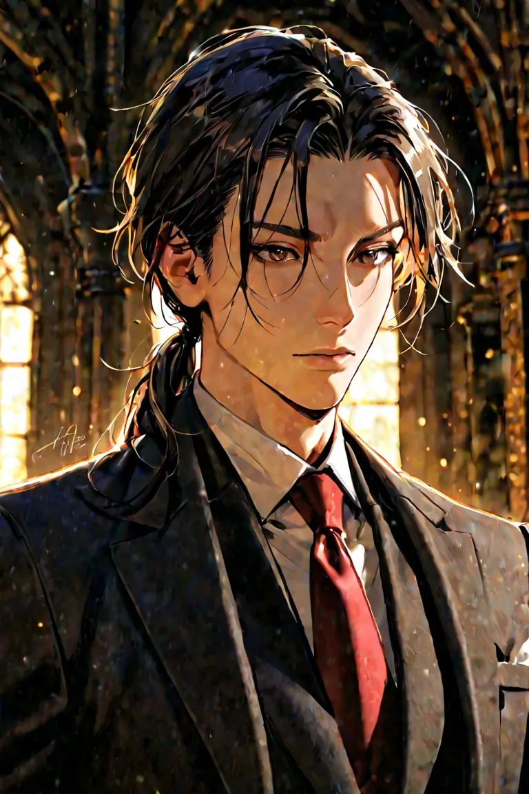  black hair,long hair,low ponytail, black suit,male,handsome,Alluring,