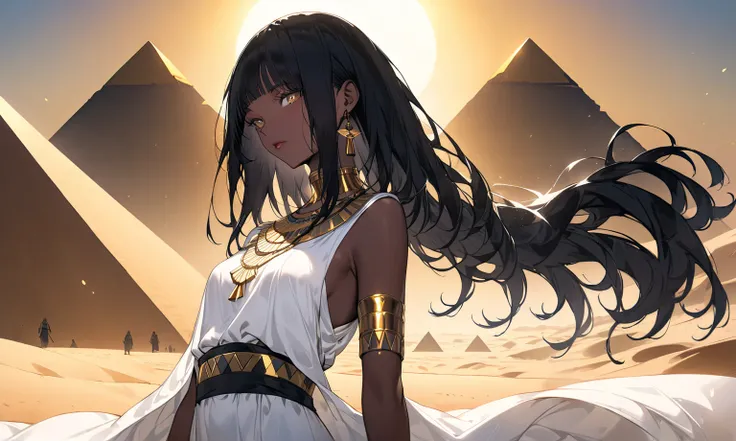  Black Hair Black Skin Women， big boobs，gold necklace ，Egypt服裝， Bare Waist ， Bare Legs ，Egypt，desert，pyramid，Make-up