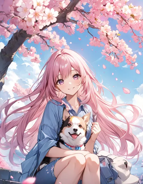 Cherry blossom trees in full bloom、 silvery long hair、smile、アニメの美少女がpink denim を着てsmileで散歩をしています、 full body view、I'm with my dog、  Beautiful Anime   portrait,  pink denim 、  Beautiful Anime   girl,   Beautiful Anime  ,   Beautiful Anime   woman,   Anime Ar...