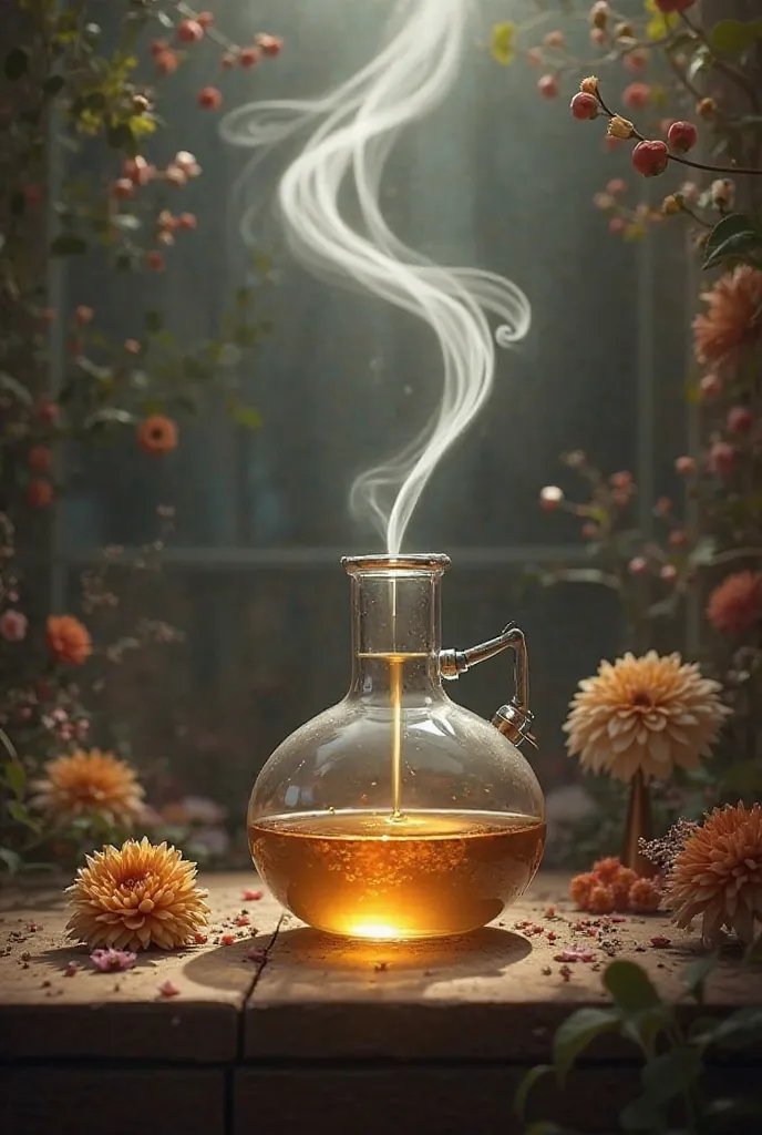 _We see the distillation process and the gently rising steam carries the spirit of flowers, and the pure essential oil begins to collect._