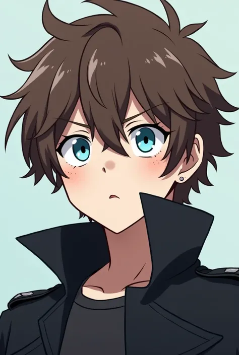 A male anime-style character, with messy and bulky brown hair,  bright light blue eyes , and soft features . He wears a dark futuristic trench coat with minimalist details.  He has a scared expression , The animation style is the same as the anime Solo Lev...