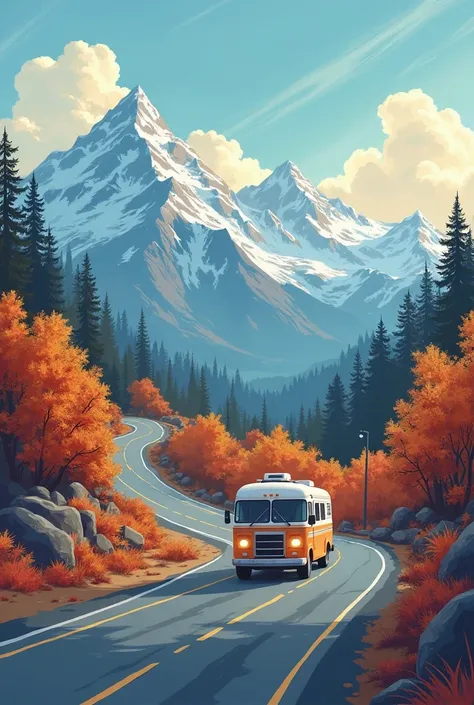 autumn，Wilderness，trip，highway，trip车，RVs，Distant Mountains，Sky， illustration style ，Introduction screen，Romantic atmosphere 