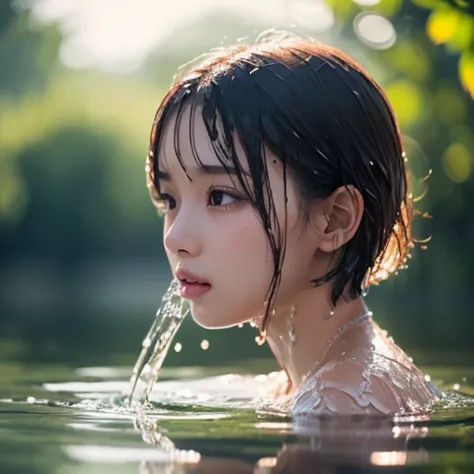  best quality ,  realistic, photo realistic,  award-winning illustrations , ( intricate detail in wet water: 1.2), ( Delicate Details), ( intricate detail in wet water), (  Cinematic Light ,  The Sexiness of a Super Girl with Ultra Short Hair