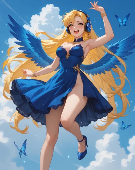 Anime girl with big blue wings ,she have yellow eyes ,yellow hair ,she have on a blue dress, blue heels, she's in the sky High Resolution, Accurate, Detail, High Quality, Very Long Hair, Breasts, Blush, Makeup, Happy, Jewelry,  Headphones, Image Fill,  Dig...