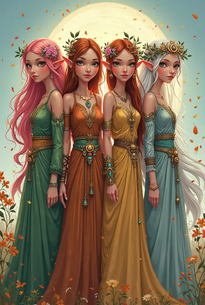 A highly detailed, full-body fantasy illustration in a cartoon style of four identical twin sisters, all elven druids, each representing a distinct season. They share the same ethereal facial features, pointed ears, and slender physique, but their hair, ey...