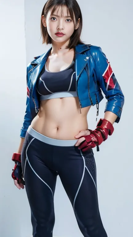 masterpiece, best quality, Hi-Res, 1 girl, cammy cosplay,  short hair, antenna hair, Blue Eyes, Scar on cheek,  soft big breasts,  black chokers, clavicle,  blue jacket , cropped jacket, open jacket, sports bra,  fingerless gloves ,  black gloves,  black p...