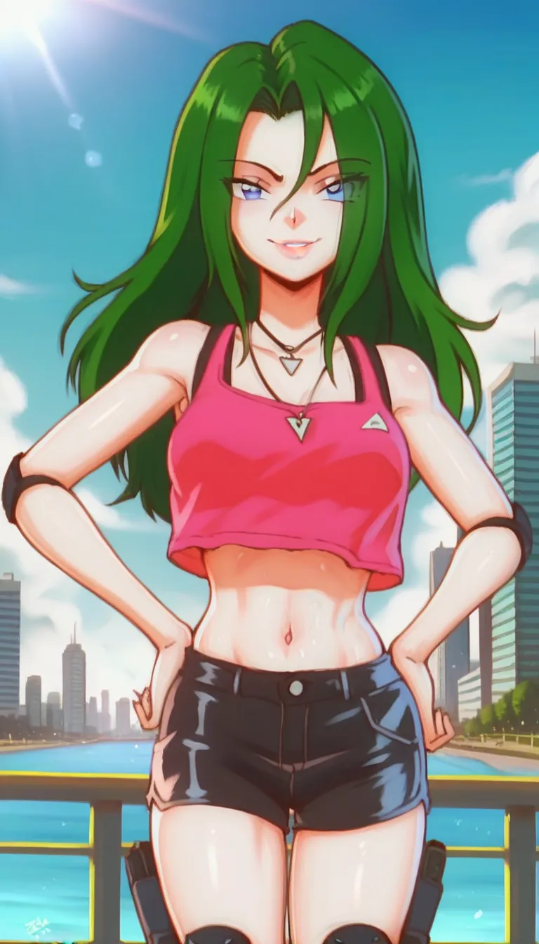 score_9, score_8_up, score_7_up, score_6_up, anime screencap, anime coloring, PMTyra, long hair, green hair, blue eyes, hair between eyes, eyes visible through hair, necklace, seductive smile, pink crop top, midriff, short shorts, black shorts, knee pads, ...