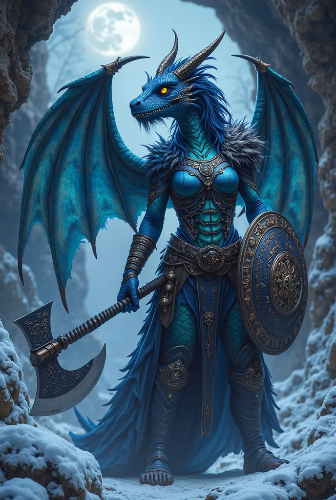 
Species: dragon woman (draconiano) night blue with heavenly reflections that shine under the moonlight, with a mysterious and dangerous appearance, with a very feminine figure where its curves stand out.
Physical features: Iridescent scales that change sh...