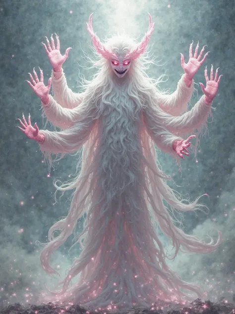 A terrifying creature but at the same time unreal white color with something pink and shiny with 6 arms, raised in the air it is very large and powerful and divine, shines and has human characteristics