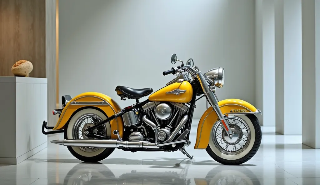 A photo of the lift view of a(1958 Harley Davidson Duo-Glide) with (yellow with shiny) paint in a showroom. The motorcycle is parked in showroom. Background white and grey The lighting is soft