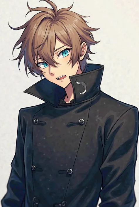 A male anime-style character in his mid-20s , with messy and voluminous light brown hair,  bright light blue eyes , and soft features . She wears a dark futuristic trench coat with minimalist details. Scare Expression Solo Leveling style animation