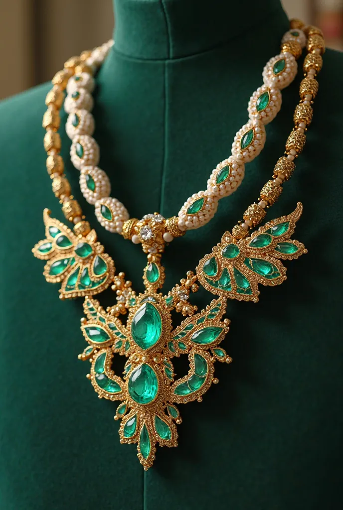 The jewelry are macrame handles with gold and emeralds