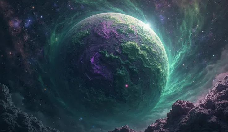 I would like a photo in space with many dark colors a large planet that is striking because of its green and purple colors 