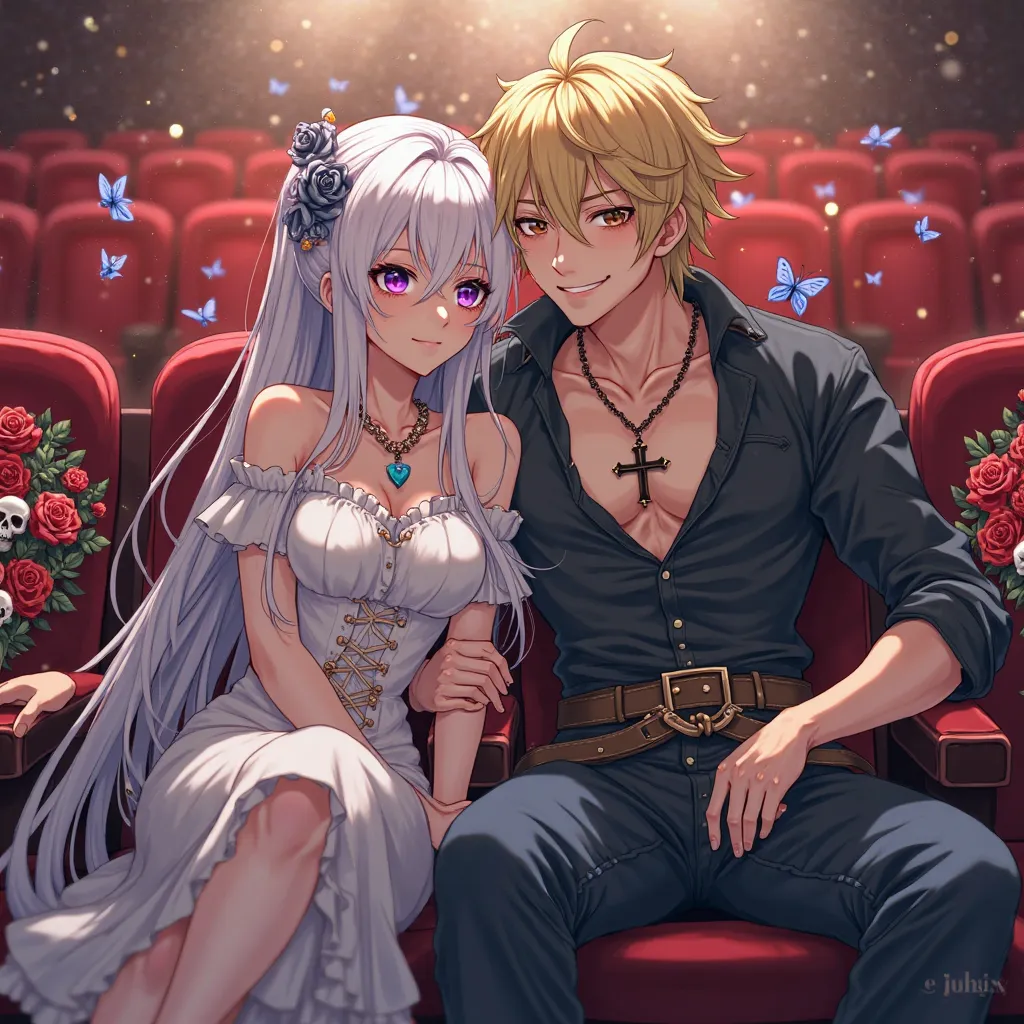 Couple sitting together in the theater. Girl with very long white hair with purple, purple eyes and amulet. Blond pirate boy with very long hair. Large cross necklace. Anime friendship. Elegant theater. Roses and Skulls. Butterflies and blue heart.