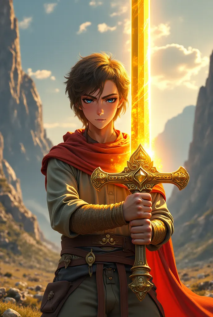 a boy holding a golden sword