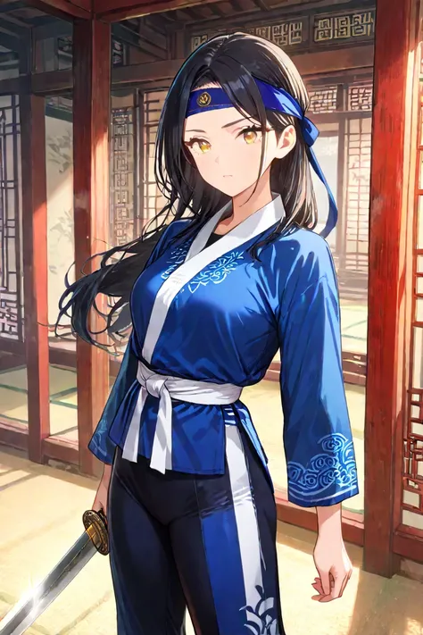  best detail ,걸작,High definition, Adult female, , Korean ancient background , Slim Body ,long blue sleeve, Korean Martial Arts Suit, Longsword , black hair,waist,blue headband,yellow eyes,Gallery pattern,Training ground ,training