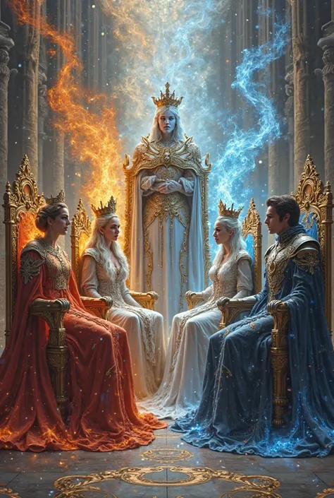 Fire queen seated on the throne in the middle, Ice queen seated on the throne, Iron Man Seated on the Throne and a Prince Seated on the Throne 