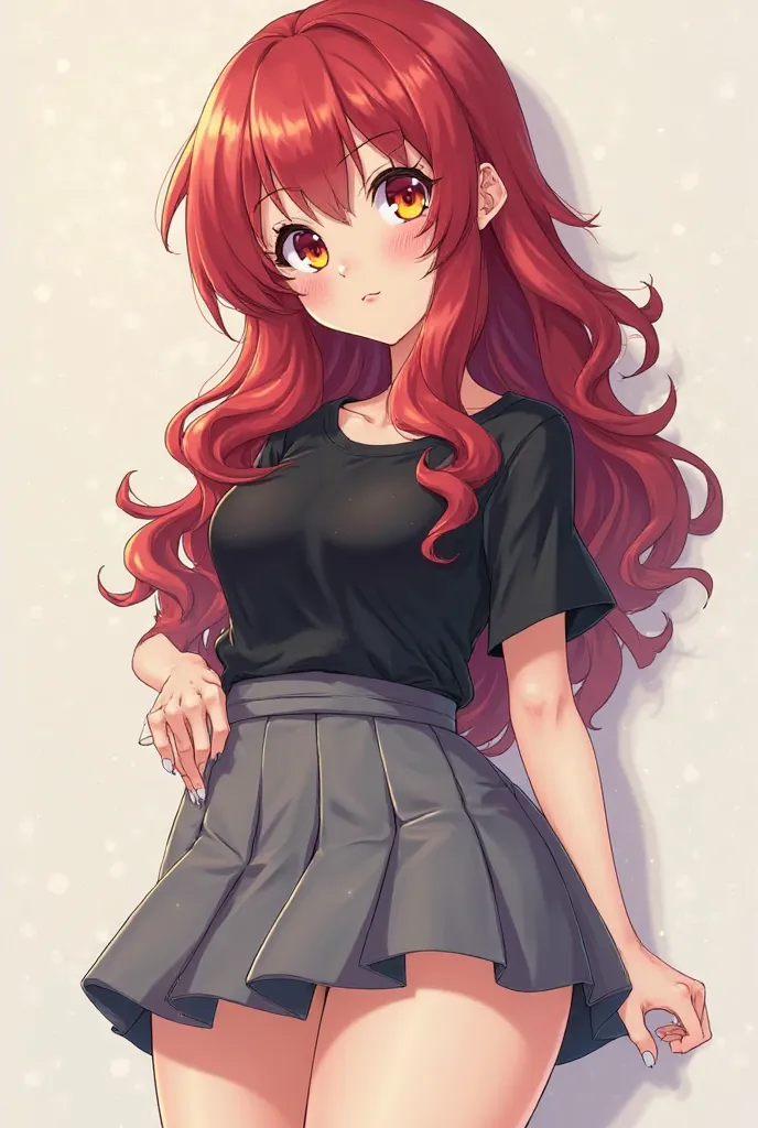 An anime girl with long wavy red hair, yellow eyes with red and a chubby body, wide hips, big legs and a very short gray skirt and a black blouse. 